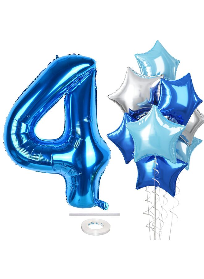 40 Inch Dark Blue Foil Number 4 Balloon with Silver Stars, Metallic Royal Blue Mylar Four Balloon for Helium, Giant Birthday Decor for Boys Girls Party, Graduation Celebration - Image 1
