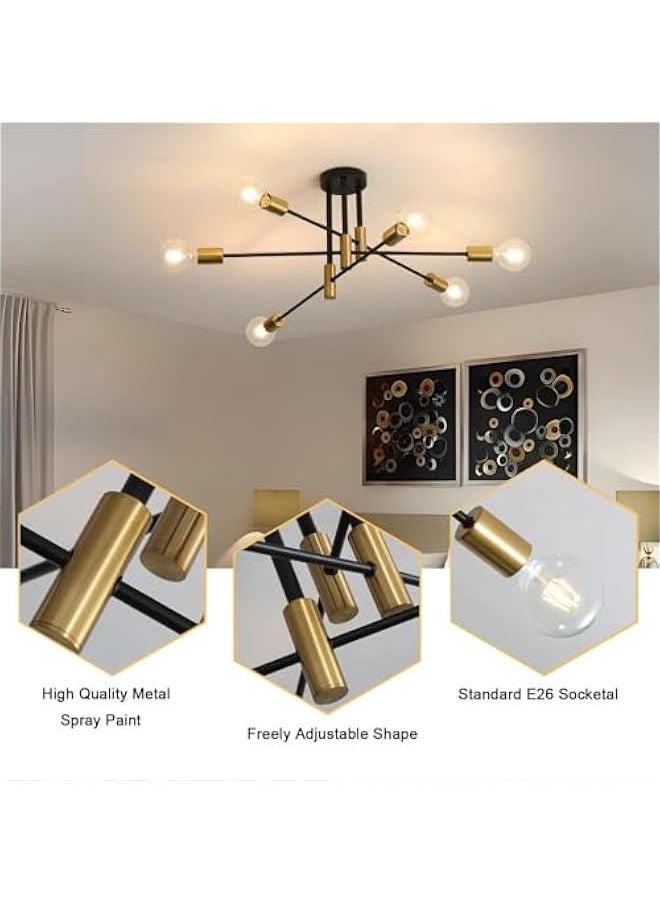 HOOKOR 6-Light Modern Sputnik Chandelier, Semi Flush Mount Ceiling Light Fixture, Chandeliers Ceiling Light for Kitchen Living Room Dining Room Bedroom, Without Bulb (Golden+Black)  - Image 2
