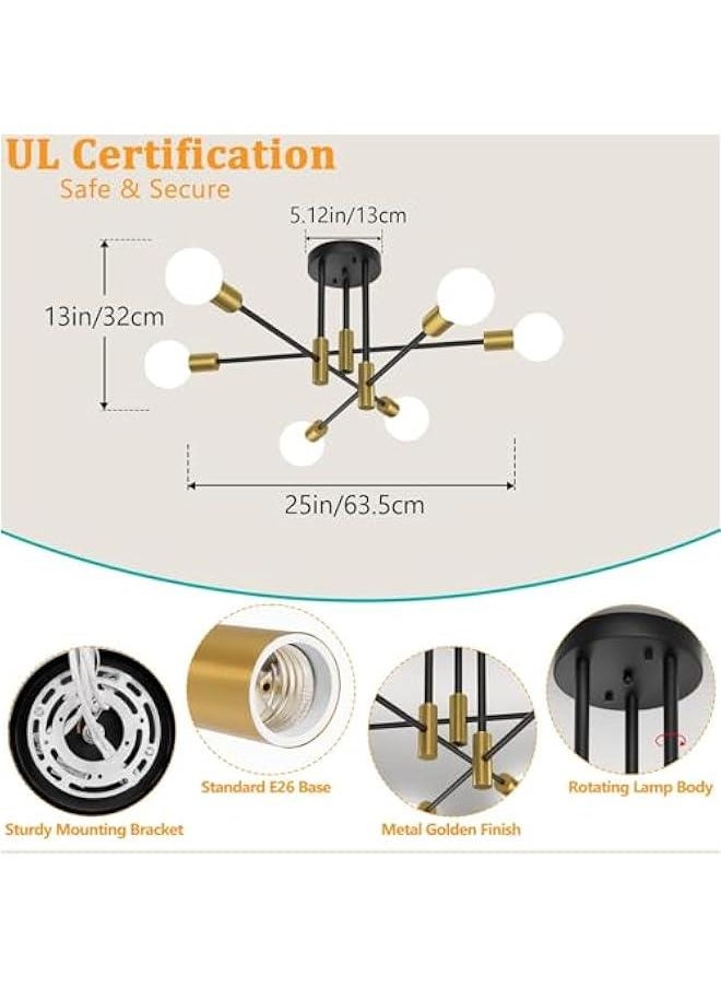 HOOKOR 6-Light Modern Sputnik Chandelier, Semi Flush Mount Ceiling Light Fixture, Chandeliers Ceiling Light for Kitchen Living Room Dining Room Bedroom, Without Bulb (Golden+Black)  - Image 4