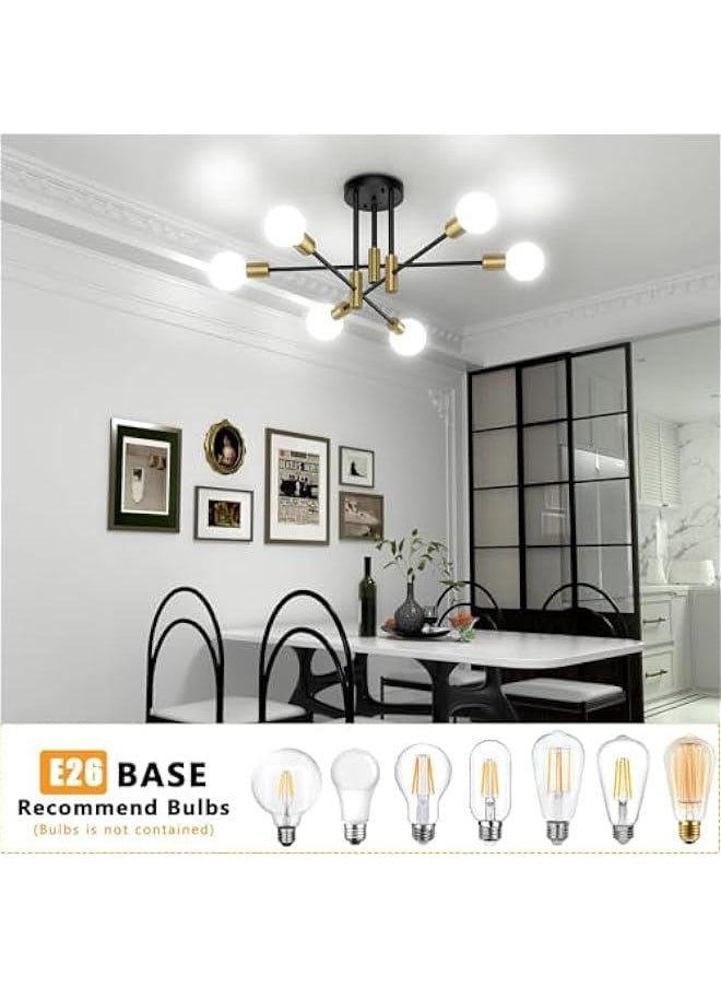 HOOKOR 6-Light Modern Sputnik Chandelier, Semi Flush Mount Ceiling Light Fixture, Chandeliers Ceiling Light for Kitchen Living Room Dining Room Bedroom, Without Bulb (Golden+Black)  - Image 5