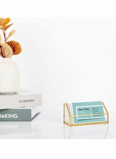 SYOSI Glass Business Card Holder, Stand Gold Office Name Card Display Business Card Organizer Storage, Gold Metal Business Card Container Box for Office Desktop Countertop, Fits 80-100 Business Cards (Gold)  - Image 5