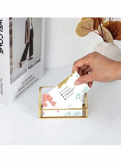 SYOSI Glass Business Card Holder, Stand Gold Office Name Card Display Business Card Organizer Storage, Gold Metal Business Card Container Box for Office Desktop Countertop, Fits 80-100 Business Cards (Gold)  - Image 2