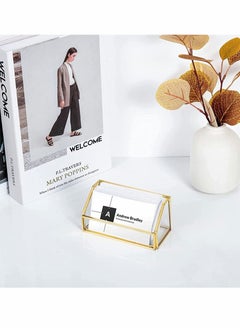 SYOSI Glass Business Card Holder, Stand Gold Office Name Card Display Business Card Organizer Storage, Gold Metal Business Card Container Box for Office Desktop Countertop, Fits 80-100 Business Cards (Gold)  - Image 4