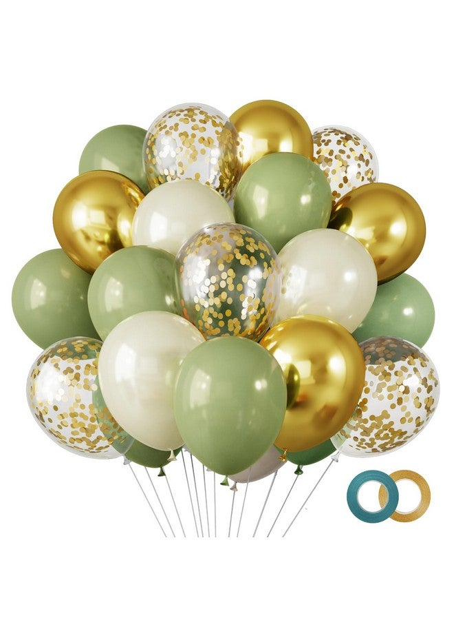 RUBFAC 65 Pcs 12 Inches Sage Green Gold Confetti Balloons Kit, Green Gold Sand White Party Balloons With Ribbons For Tiana Birthday, Wedding, Baby Shower, Graduation, Eucalyptus Party Decorations - Image 1
