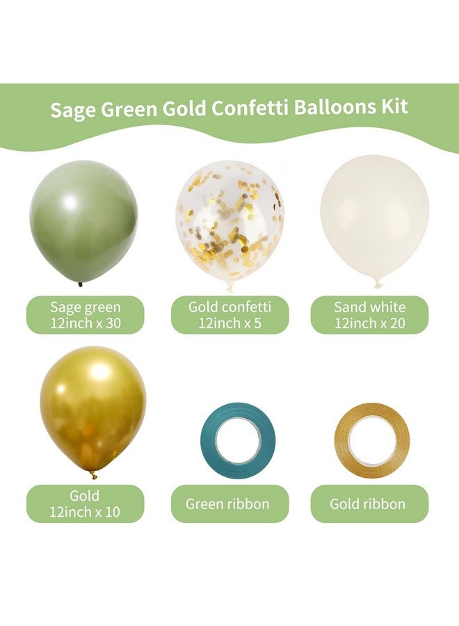 RUBFAC 65 Pcs 12 Inches Sage Green Gold Confetti Balloons Kit, Green Gold Sand White Party Balloons With Ribbons For Tiana Birthday, Wedding, Baby Shower, Graduation, Eucalyptus Party Decorations - Image 2