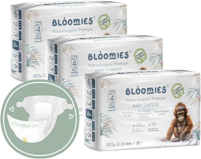 Bloomies Premium Baby Diapers Size 2,3,4, Counts 22,40,66,120, Wetness Indicator Eco-friendly and Hypoallergenic Ultra-soft Nappy Diaper Skin Friendly, Leakage Protection,100% Organic Natural Bamboo - Image 1