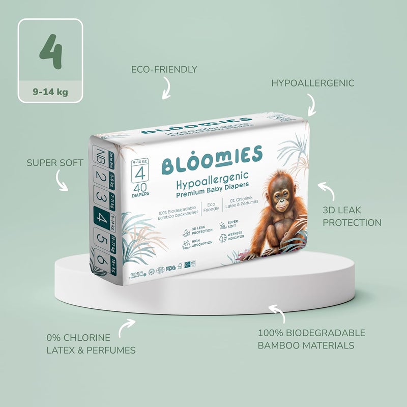 Bloomies Premium Baby Diapers Size 2,3,4, Counts 22,40,66,120, Wetness Indicator Eco-friendly and Hypoallergenic Ultra-soft Nappy Diaper Skin Friendly, Leakage Protection,100% Organic Natural Bamboo - Image 4