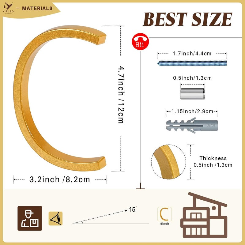 YIPLED 5 Inch House Numbers for Outside, Metal Address Number C - Modern Design, Weather-Resistant Gold Powder Coated Finish, No Fading (Gold) - Image 3