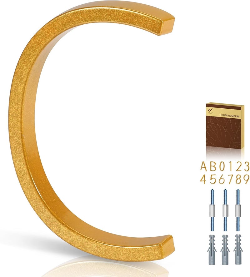 YIPLED 5 Inch House Numbers for Outside, Metal Address Number C - Modern Design, Weather-Resistant Gold Powder Coated Finish, No Fading (Gold) - Image 1