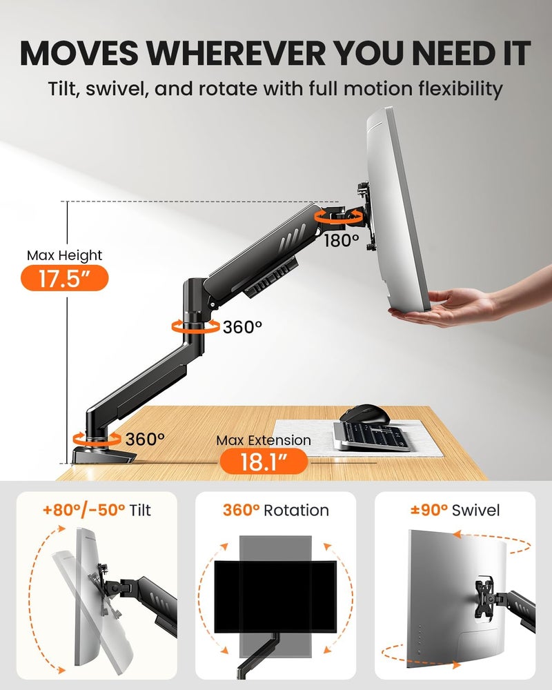 ErGear Single Monitor Arm, Fully Adjustable Monitor Mount for 13â€“34 Inch Screens, Fast Install Computer Monitor Stand with Tool-Free VESA Mount, Cable Management, Holds 19.8 lbs, Max VESA 100x100mm - Image 4