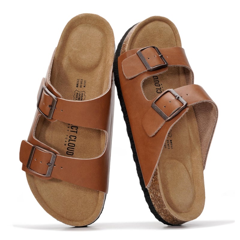 Project Cloud 100% Genuine Leather Flat Sandals For Women 2026 Cork Footbed Womens Sandals with Memory Foam and arch support Vacation Essentials Slides for Women Footwear (Venita, Cognac, 9) - Image 1