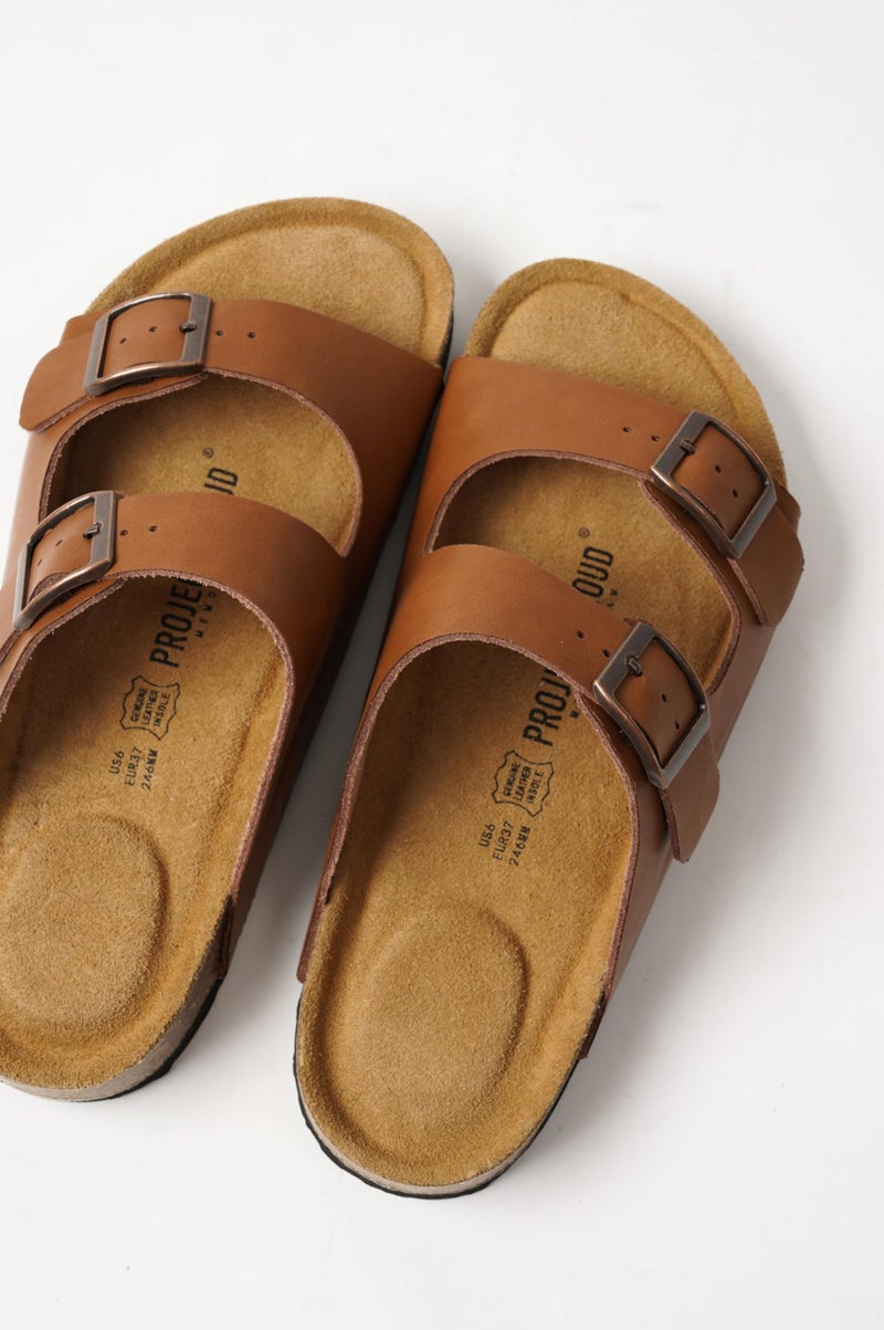 Project Cloud 100% Genuine Leather Flat Sandals For Women 2026 Cork Footbed Womens Sandals with Memory Foam and arch support Vacation Essentials Slides for Women Footwear (Venita, Cognac, 9) - Image 3