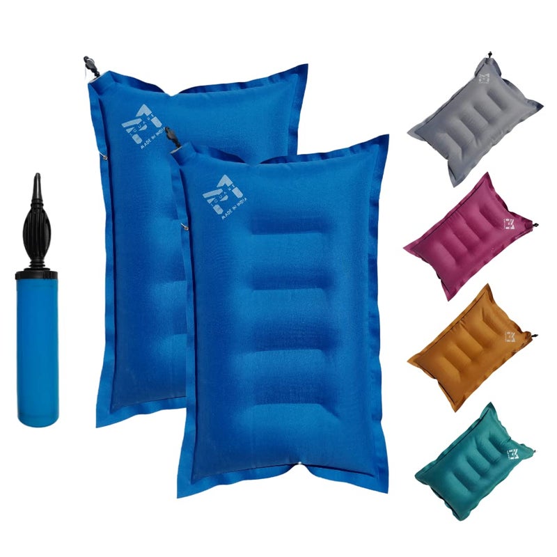 PM SQUARE Cotton Blend Inflatable Soft Portable Air Travel Pillow Pack of 2 With An Air Pump And Headrest Accessory Multicolor - Image 1