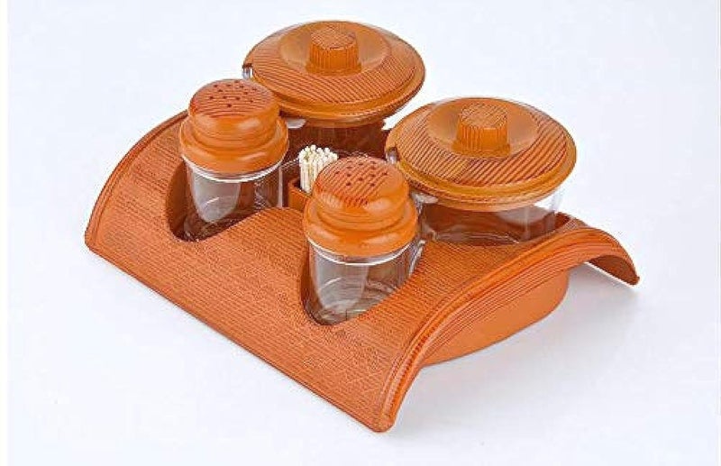 Nabhya Complete Dining Table Set of Pickle Jars Salt and Pepper Dispenser Toothpick Holder and Spoon HolderWooden Look Design Plastic Enjoy