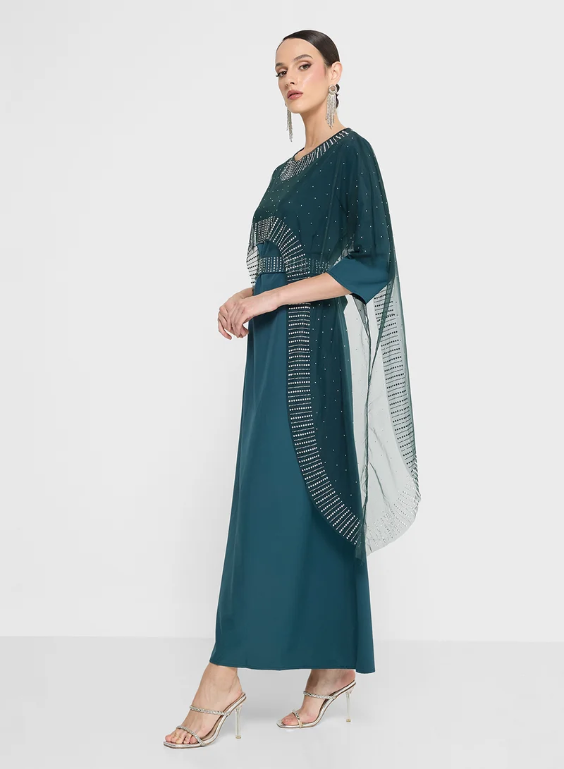 Khizana Embellished Dress With Cape Trail