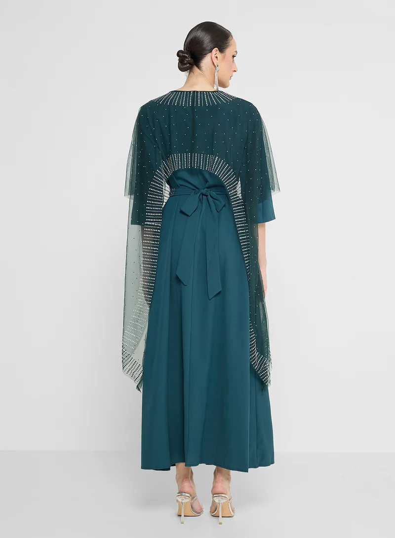 Khizana Embellished Dress With Cape Trail