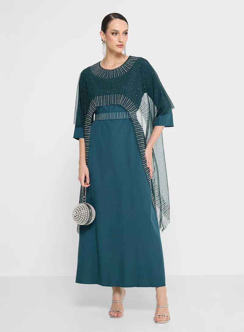 Khizana Embellished Dress With Cape Trail