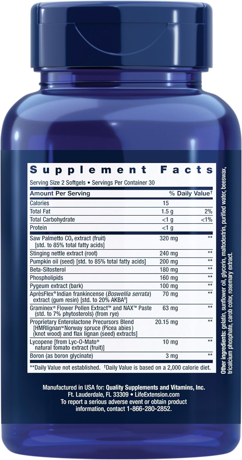 Life Extension صيغة بروستات الحياة الممتدة الفائقة بالساو بالميتو للرجال بيجيوم جذر القراص لايكوبين 11 عنصرًا غذائيًا لوظيفة البروستات خالية من الكائنات المعدلة وراثيًا خالية من الغلوتين 60 كبسولة لينة - Image 2