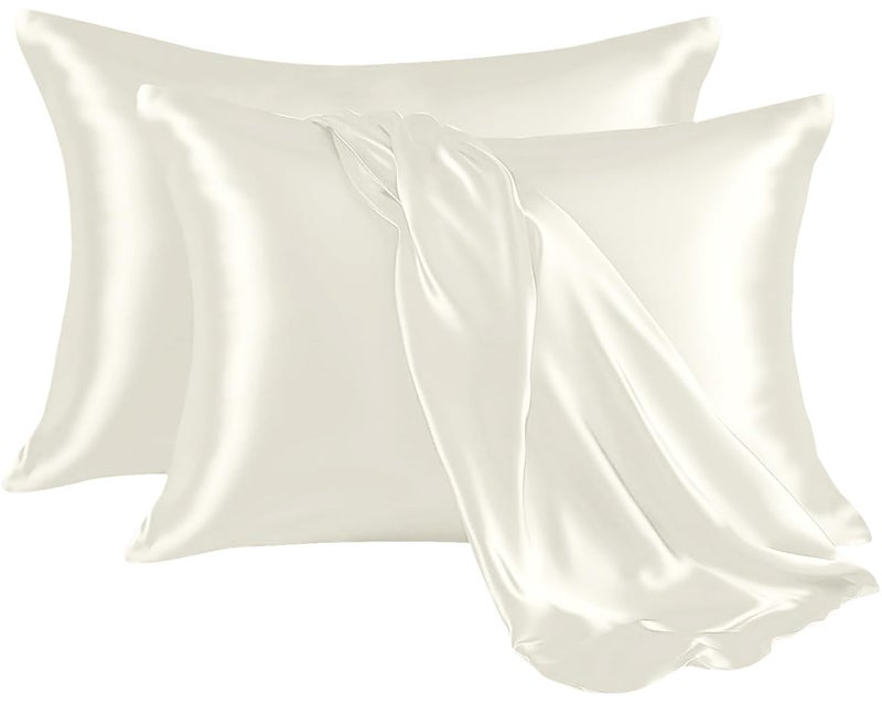 Hafaa Satin Ivory Cooling Pillow Cases 2 Pack Soft as Silk Pillowcase For Hair and Skin With Envelope Closure Standard Size 50x75 cm Anti Allergy Pillow Covers Gifts for Women
