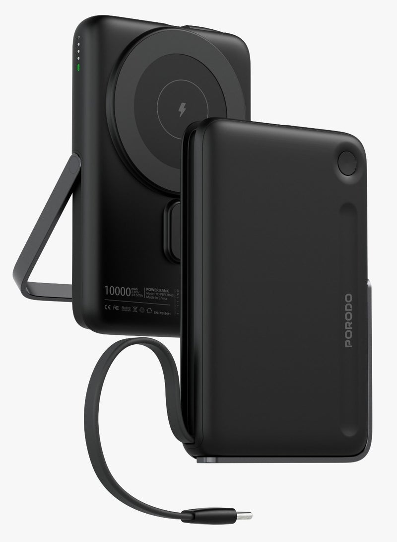 بورودو باور بانك MagSafe بسعة 10000 مللي أمبير في الساعة مع شحن سريع PD بقوة 20 وات مع كابل Type-C مدمج وحامل / متوافق مع MagSafe / تثبيت مغناطيسي قوي - أسود - Image 1