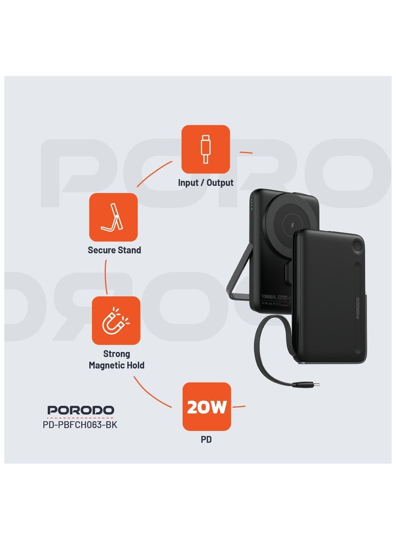 بورودو باور بانك MagSafe بسعة 10000 مللي أمبير في الساعة مع شحن سريع PD بقوة 20 وات مع كابل Type-C مدمج وحامل / متوافق مع MagSafe / تثبيت مغناطيسي قوي - أسود - Image 2