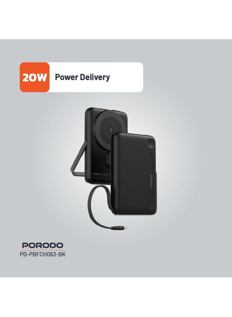 بورودو باور بانك MagSafe بسعة 10000 مللي أمبير في الساعة مع شحن سريع PD بقوة 20 وات مع كابل Type-C مدمج وحامل / متوافق مع MagSafe / تثبيت مغناطيسي قوي - أسود - Image 4
