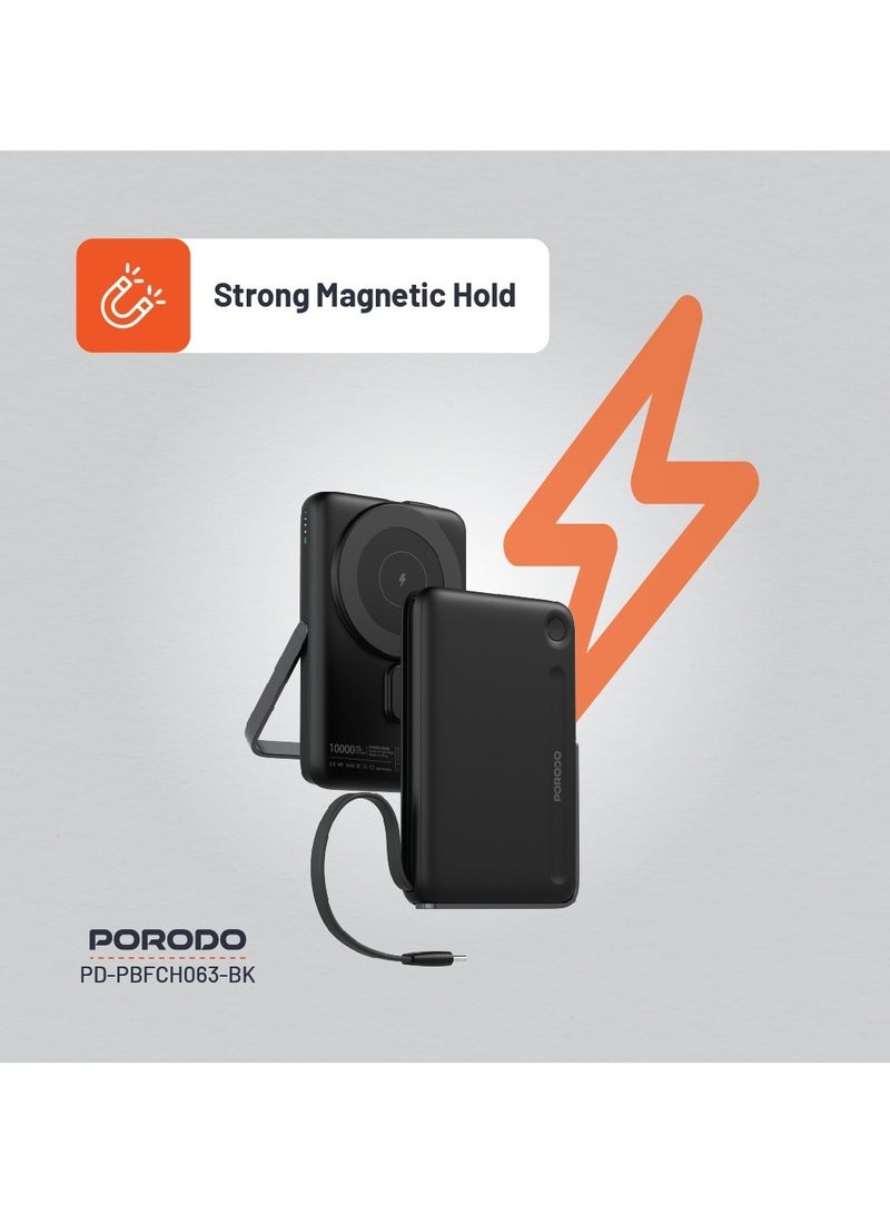 بورودو باور بانك MagSafe بسعة 10000 مللي أمبير في الساعة مع شحن سريع PD بقوة 20 وات مع كابل Type-C مدمج وحامل / متوافق مع MagSafe / تثبيت مغناطيسي قوي - أسود - Image 5