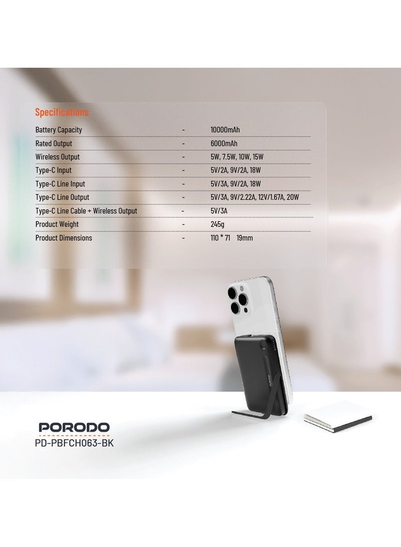 بورودو باور بانك MagSafe بسعة 10000 مللي أمبير في الساعة مع شحن سريع PD بقوة 20 وات مع كابل Type-C مدمج وحامل / متوافق مع MagSafe / تثبيت مغناطيسي قوي - أسود - Image 3