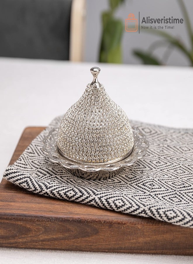 Alisveristime Coated Handmade Brass Sugar Chocolate Candy Bowl Serving Dish with Lid (Crystal) (Silver) - Image 2
