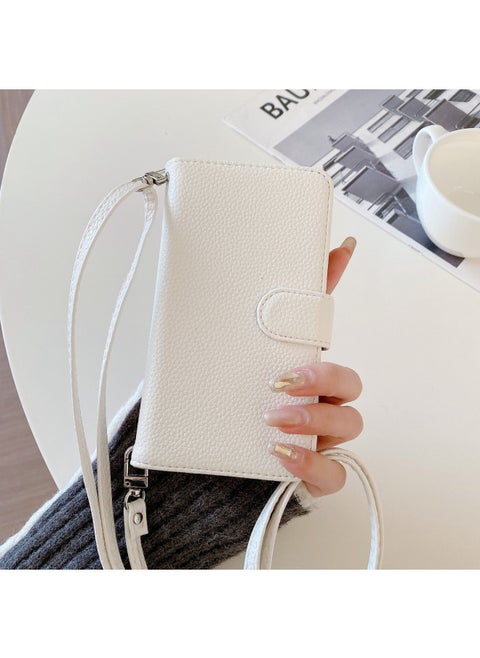 Suitable For Iphone15 Protective Case For Iphone14pro Litchi Pattern Insert Card Left And Right Insert Card Leather Case 15pro Max Women-Color:Lychee Pattern Left And Right Crossbody White-Applicable Model:For Iphone13pro