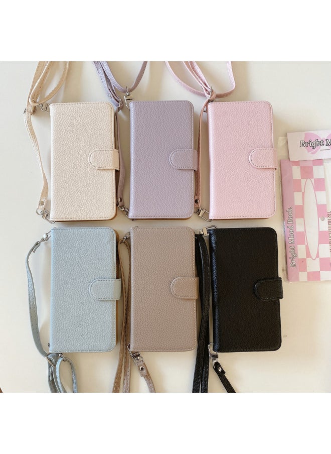Suitable For Iphone15 Protective Case For Iphone14pro Litchi Pattern Insert Card Left And Right Insert Card Leather Case 15pro Max Women-Color:Lychee Pattern Left And Right Crossbody White-Applicable Model:For Iphone13pro