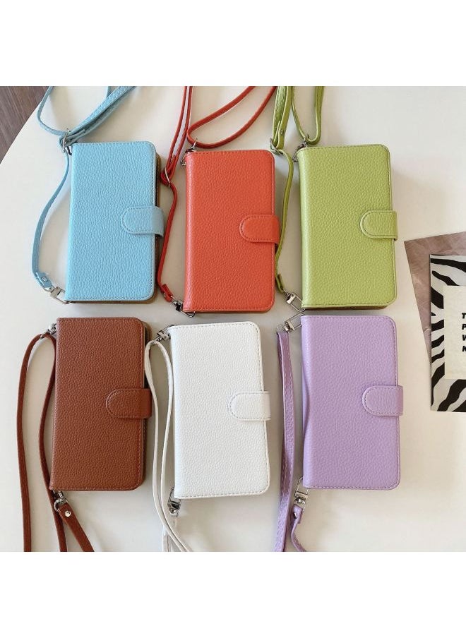 Suitable For Iphone15 Protective Case For Iphone14pro Litchi Pattern Insert Card Left And Right Insert Card Leather Case 15pro Max Women-Color:Lychee Pattern Left And Right Crossbody White-Applicable Model:For Iphone13pro