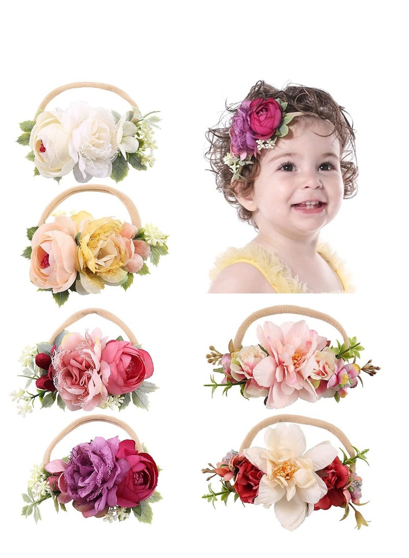 KASTWAVE 6 Pack Delicate Floral Rose Flower Super Stretchy Nylon Headbands Hair Bands Accessories for Baby Girls Newborns Infants Toddlers Kids - Image 1