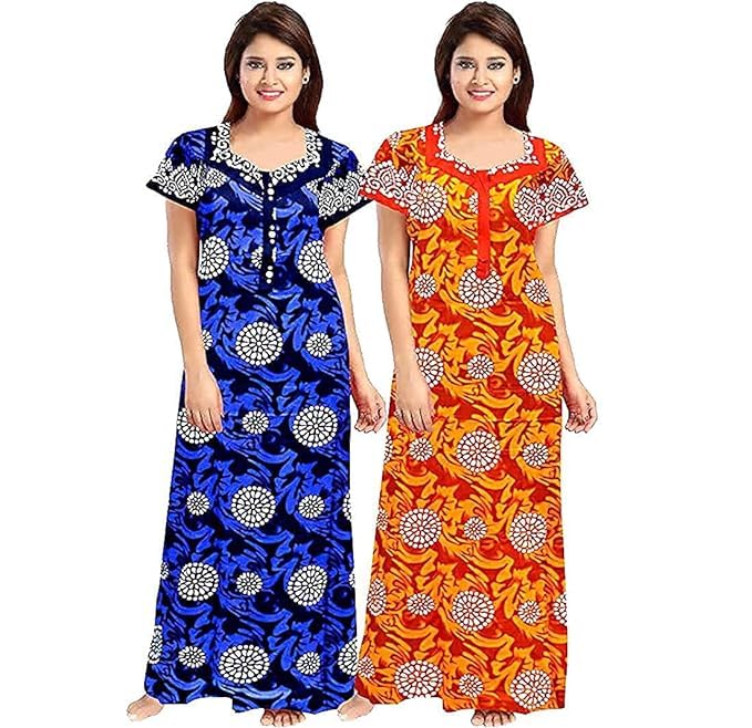 KBNBJ Women's Cotton Printed Maxi Nighty (Pack of 2) (Free Size, Set_3) - Image 1