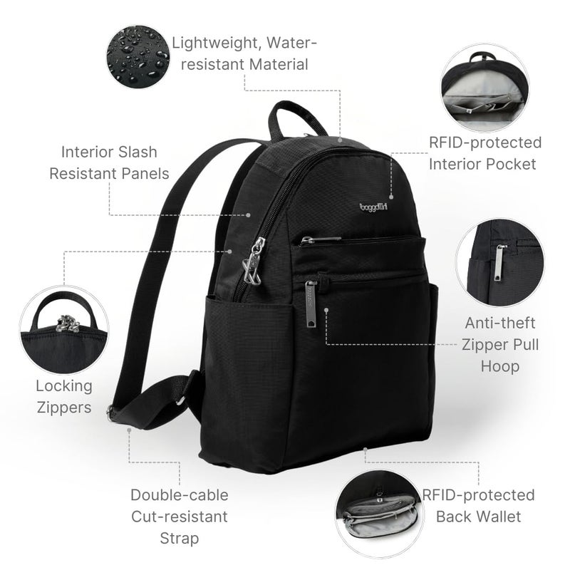 Baggallini Securtex® Anti-theft Vacation Travel Backpack 10x13" Slash-Resistant Nylon Daypack w/RFID, Black - Image 3