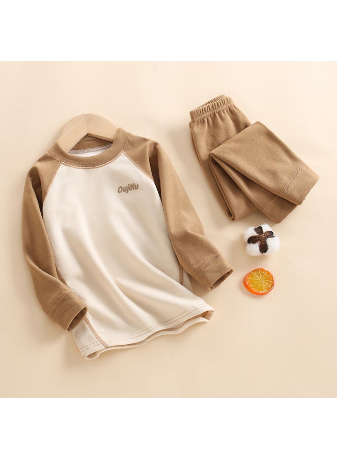New Children's Raglan Sleeve Seamless Thermal Underwear Suit Men's And Women's Big Children's Autumn And Winter Fleece-lined Round Neck Autumn Pants