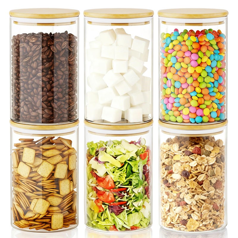 KOIKEY Sugar Jar Glass Salt Container,32 Ounces Clear Airtight Caning with Bamboo Lid, Storage Overnight Oats, Salts, Coffee Bean, Spice, Creamer, Food Organizer, Pack of 6 - Image 1