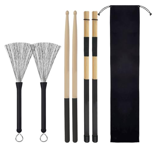 Aulufft Drum Stick Set,1 Pair 5A Classic Maple Wood Drum Sticks and 1 Pair Retractable Drum Wire Brushes and 1 Pair Rods Drum Brushes with Storage Bag for Rock Band,Jazz Folk Total 3 Pairs - Image 1