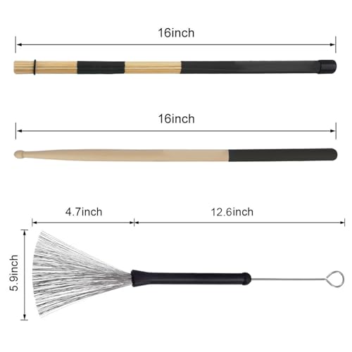 Aulufft Drum Stick Set,1 Pair 5A Classic Maple Wood Drum Sticks and 1 Pair Retractable Drum Wire Brushes and 1 Pair Rods Drum Brushes with Storage Bag for Rock Band,Jazz Folk Total 3 Pairs - Image 5