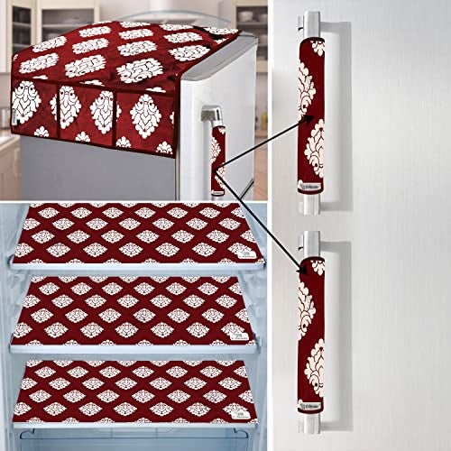 E-Retailer® Exclusive Combo Set of Appliances Cover (1 Pc. of Fridge Top Cover, 2 Pc. of Refrigerator Handle Cover and 3 Pc. Of Refrigerator Mat/Fridge Shelf Mat) (Color- Maroon, Design-Ethnic, Set Contains- 6 Pcs.) - Image 1
