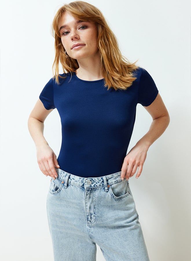 trendyol Navy Blue Fitted/Short Sleeve Flexible Snap Knit Bodysuit - Image 2