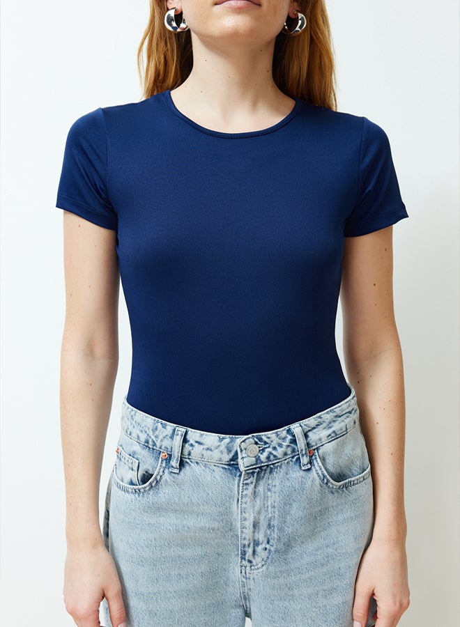 trendyol Navy Blue Fitted/Short Sleeve Flexible Snap Knit Bodysuit - Image 4