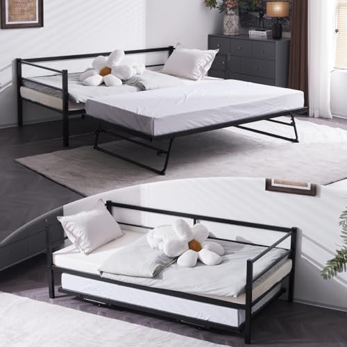 VINGLI VINGLI Daybed with Pop Up Trundle Heavy Duty Metal Twin Bed with Trundle No Box Spring Needed Black 