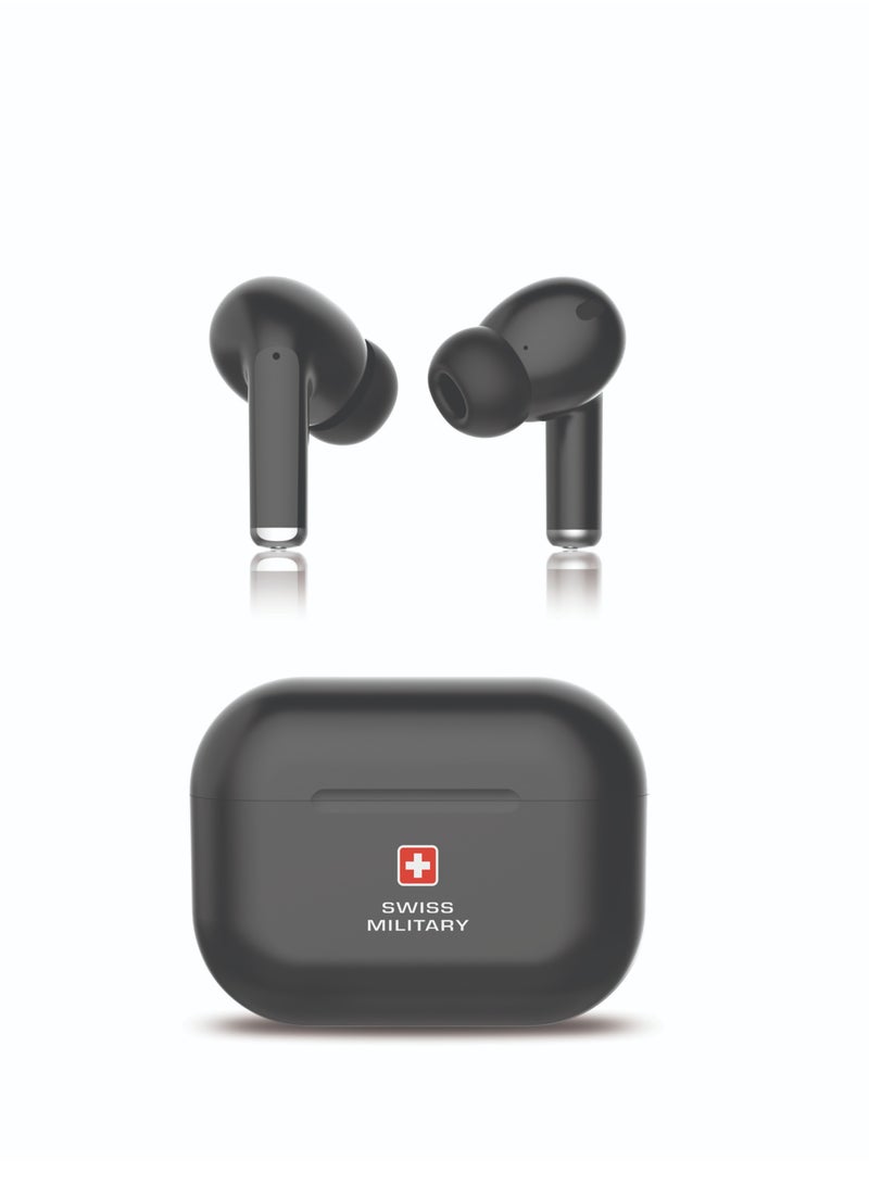 SWISS MILITARY Swiss Military Delta True Wireless In-Ear Earbuds: Deep Bass, Mic for Calls, HD Sound, Type-C Fast Charging, Auto Pairing & Connectivity. Compatible with Apple, Samsung & More. - Black  - Image 1