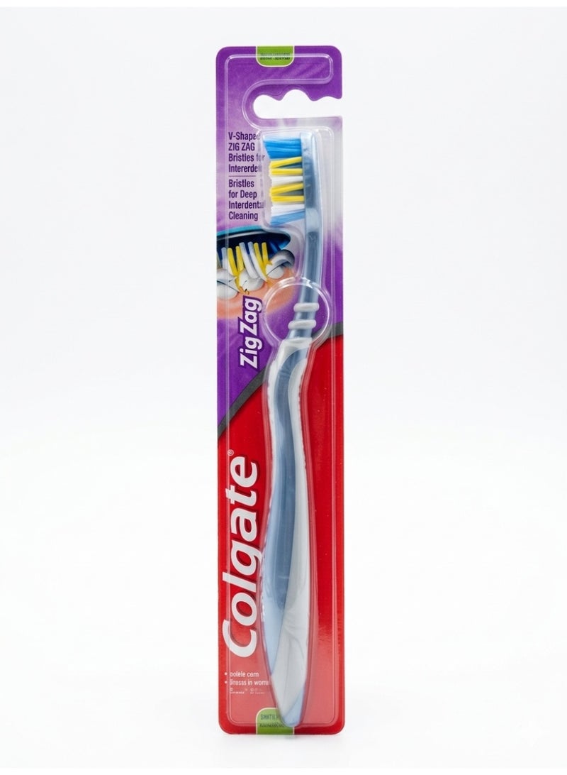 Colgate Zig Zag Medium Firmness Toothbrush  Product Features:  Multi-Angled Bristles: Features cross-angled, multi-angled bristles designed to reach deep between teeth to help effectively remove plaque.  Tongue Cleaner: Includes a soft tongue cleaner built into the brush head to help remove bacteria that cause bad breath.  Flexible Neck: Designed with a flexible neck to help reduce pressure on gums while brushing.  Comfortable Handle: The handle features an ergonomic design and is rubberized for a comfortable grip and superior control during use.