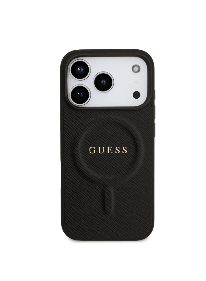 GUESS iPhone 17 Pro MagSafe PU Saffiano Leather Case With Classic Logo  / Magsafe Compatible / Ultra Slim / lightweight design / Easy Installation - Black - Image 1