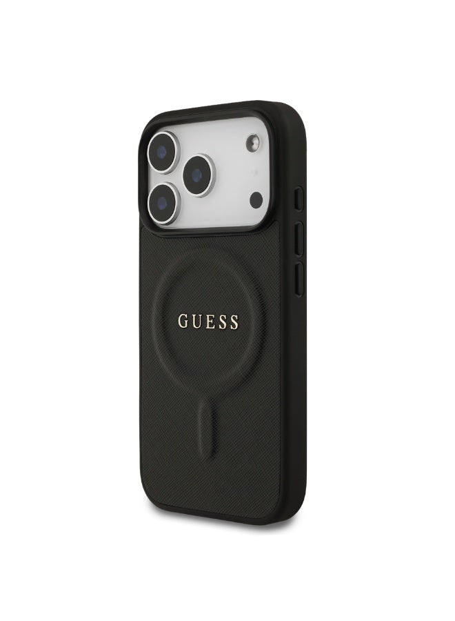 GUESS iPhone 17 Pro MagSafe PU Saffiano Leather Case With Classic Logo  / Magsafe Compatible / Ultra Slim / lightweight design / Easy Installation - Black - Image 3