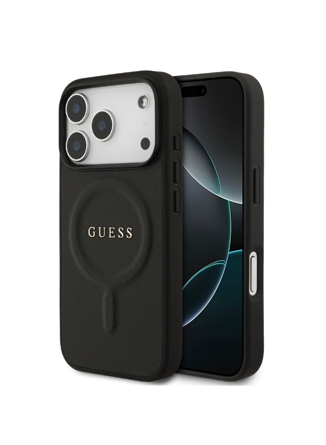 GUESS iPhone 17 Pro MagSafe PU Saffiano Leather Case With Classic Logo  / Magsafe Compatible / Ultra Slim / lightweight design / Easy Installation - Black - Image 2