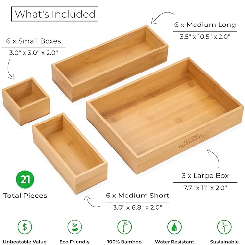 Grow Forward Bamboo Drawer Organizer Boxes - Set of 21 Wooden Drawer Organizers for Kitchen, Bathroom, Office, Desk, Vanity, Makeup - Non-Slip Junk Drawer Organizer Trays for Storage and Organization - Image 3
