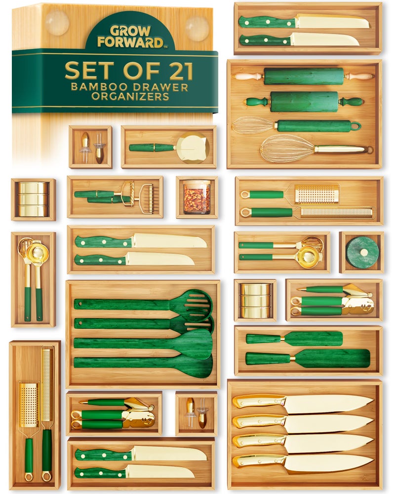 Grow Forward Bamboo Drawer Organizer Boxes - Set of 21 Wooden Drawer Organizers for Kitchen, Bathroom, Office, Desk, Vanity, Makeup - Non-Slip Junk Drawer Organizer Trays for Storage and Organization - Image 1